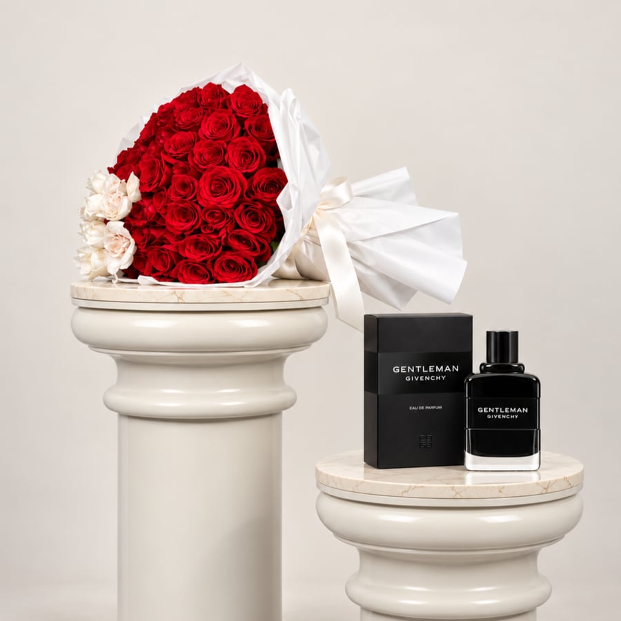 عطر جنتلمان من جيفنشي | باقة ورد أحمر 25 حبة