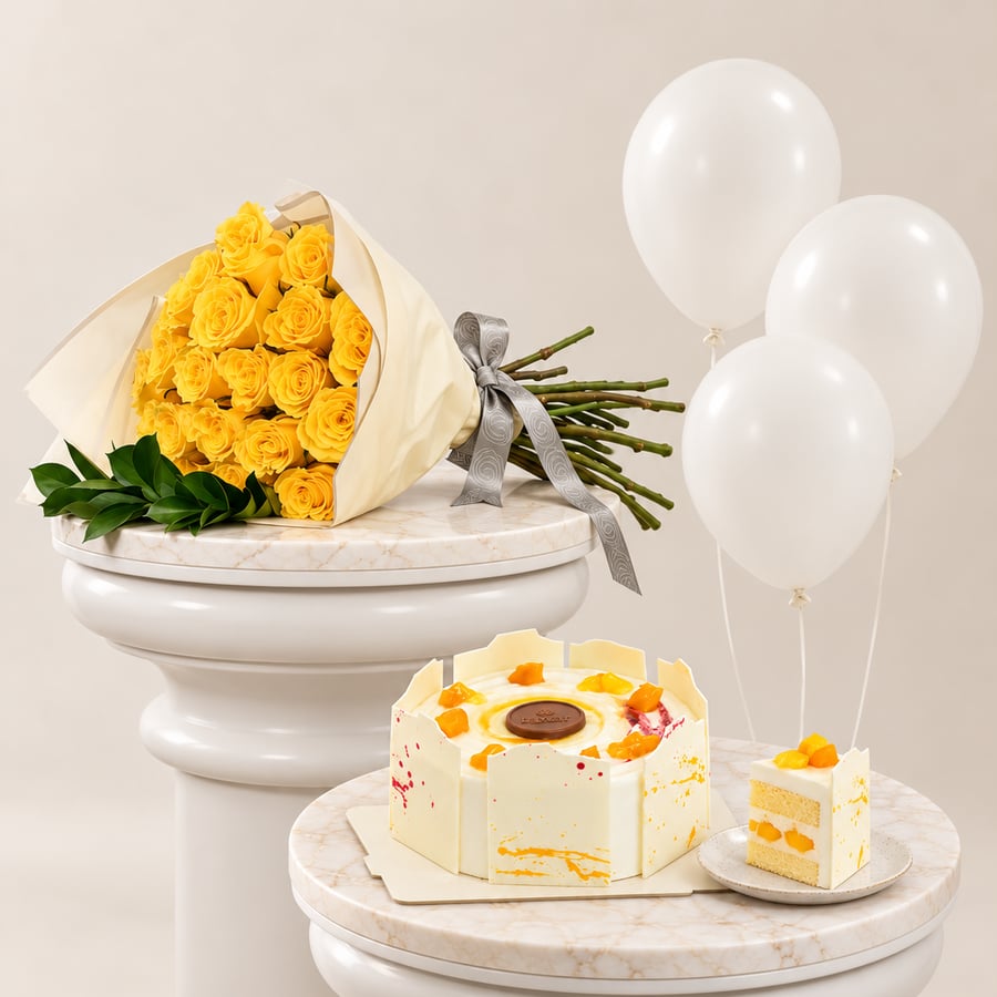 Safety Package 2 | Yellow rose bouquet with Tao mango raspberry cake and balloons
