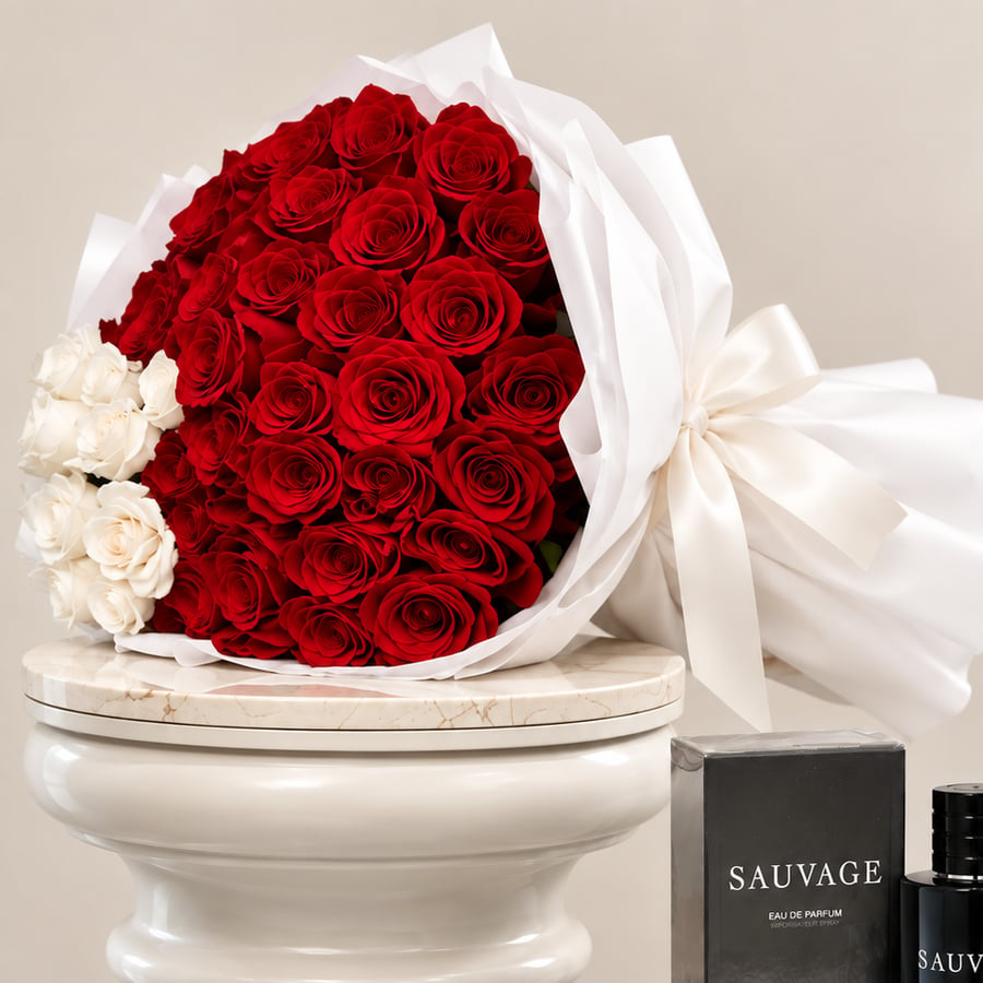 عطر ديور سافاج اصلية | باقة ورد أحمر 50 حبة