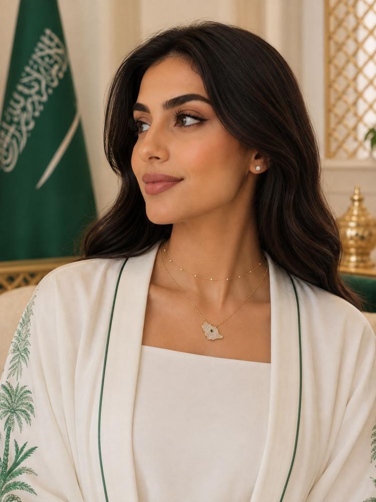 سلسال خارطة المملكة .. المزين بالزريكون الأبيض .. والفص الاخضر