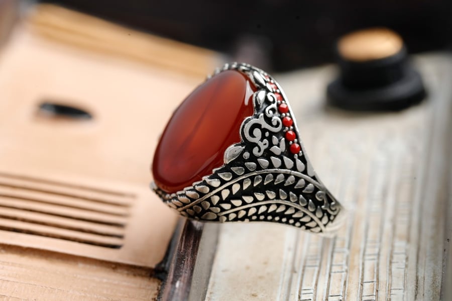 خاتم فضه بعقيق احمر H-010