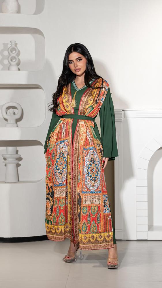 An olive-colored thobe with a belt at the waist
