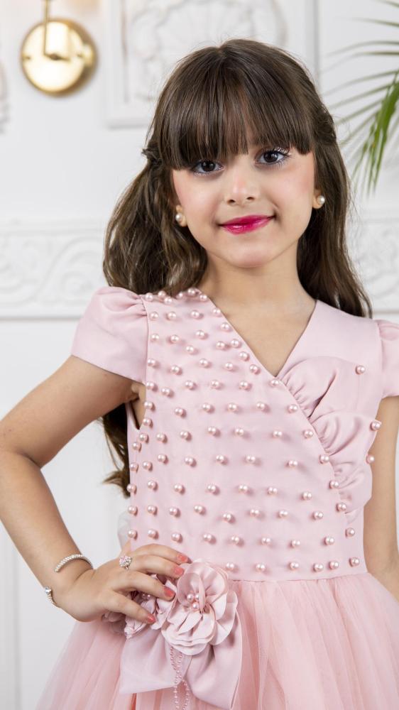 فستان بناتي وردي مزين بلولو