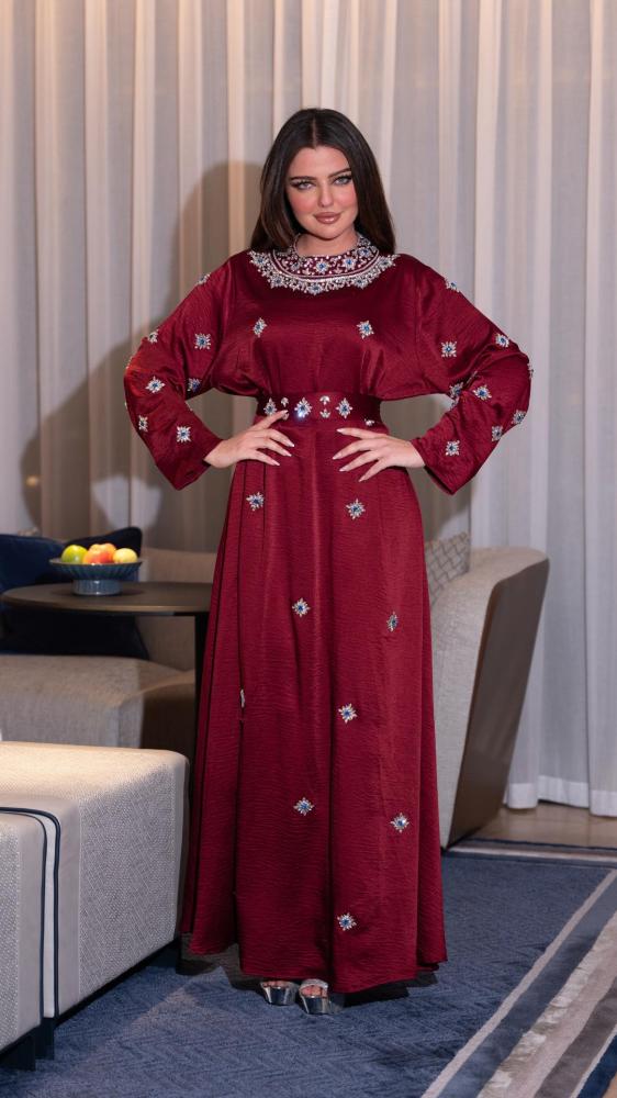 Maroon dress with silver design