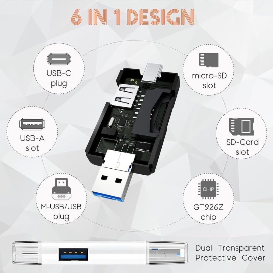 قارئ بطاقات ذاكرة 6 في 1 بمنافذ USB-A وUSB-C وMicro-USB لبطاقات SD وmicroSD – أسود