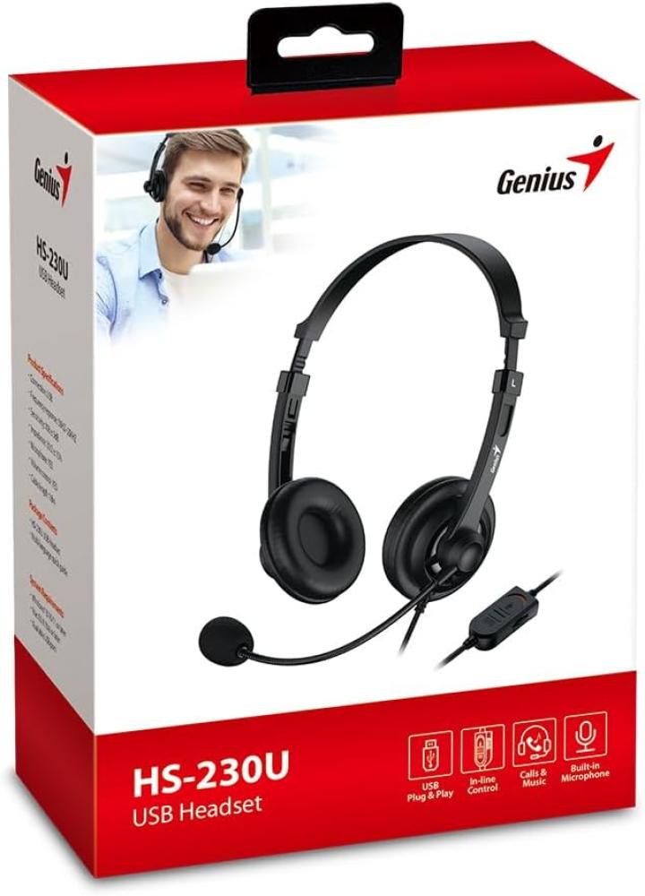 سماعة رأس سلكية جينيس Genius HS-230U بمنفذ USB وميكروفون – أسود