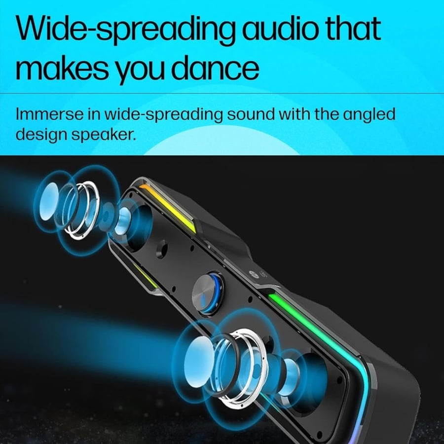 HP DHE-6002 Wired Speaker – Black | RGB Multimedia Soundbar for Gaming & Office Use
