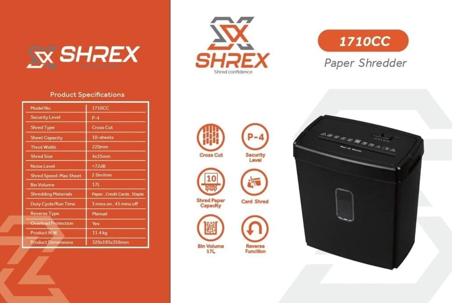 فرامة ورق شريكس SHREX 1710CC – تقطيع متقاطع، 10 أوراق، سلة 17 لتر، مستوى أمان P-4