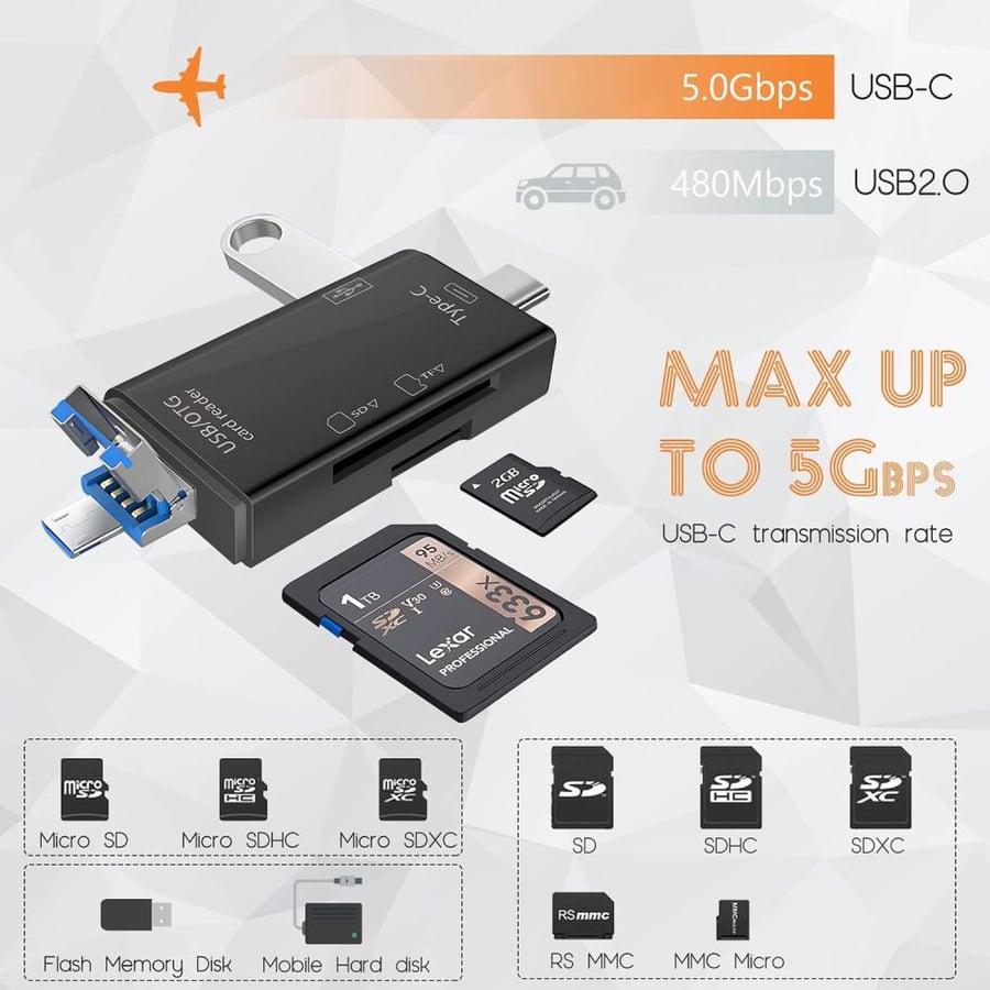 قارئ بطاقات ذاكرة 6 في 1 بمنافذ USB-A وUSB-C وMicro-USB لبطاقات SD وmicroSD – أسود