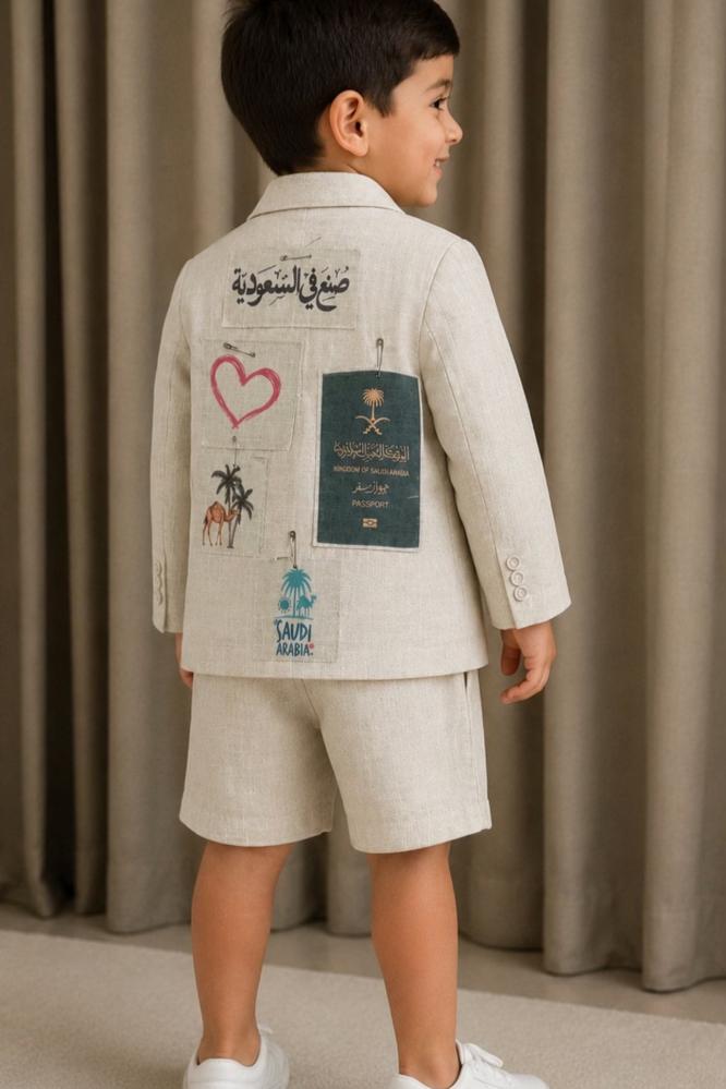 طقم اطفال صنع في السعودية | جاكيت كتان + شورت لليوم الوطني`