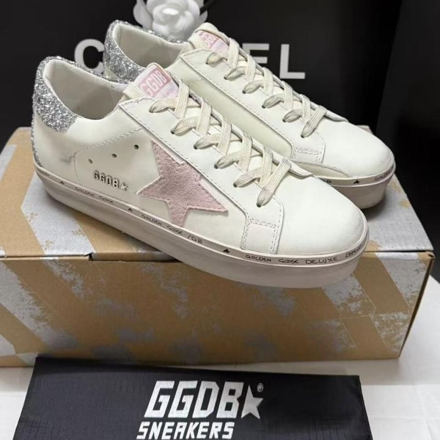 Golden Goose Hi-Star Glittered White Leather Pink Star