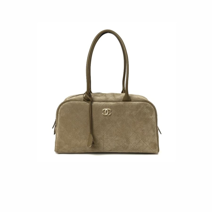 Suede Calfskin Large Perfect Bowling Bag Dark Beige