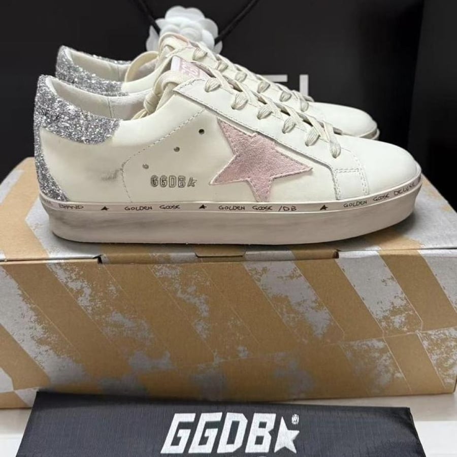 Golden Goose Hi-Star Glittered White Leather Pink Star