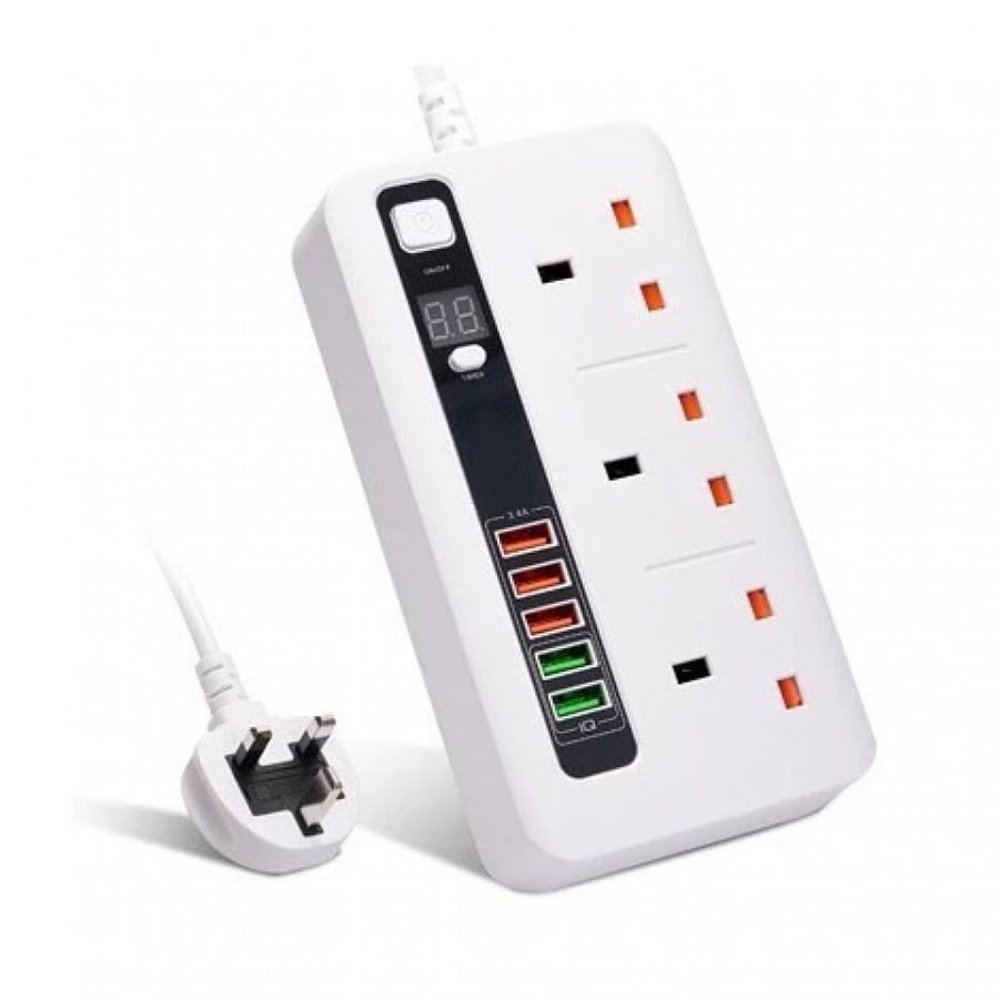 توصيلة كهربائية ذكية 3 متر بمؤقت تشغيل و5 منافذ USB تدعم الشحن السريع لون أبيض