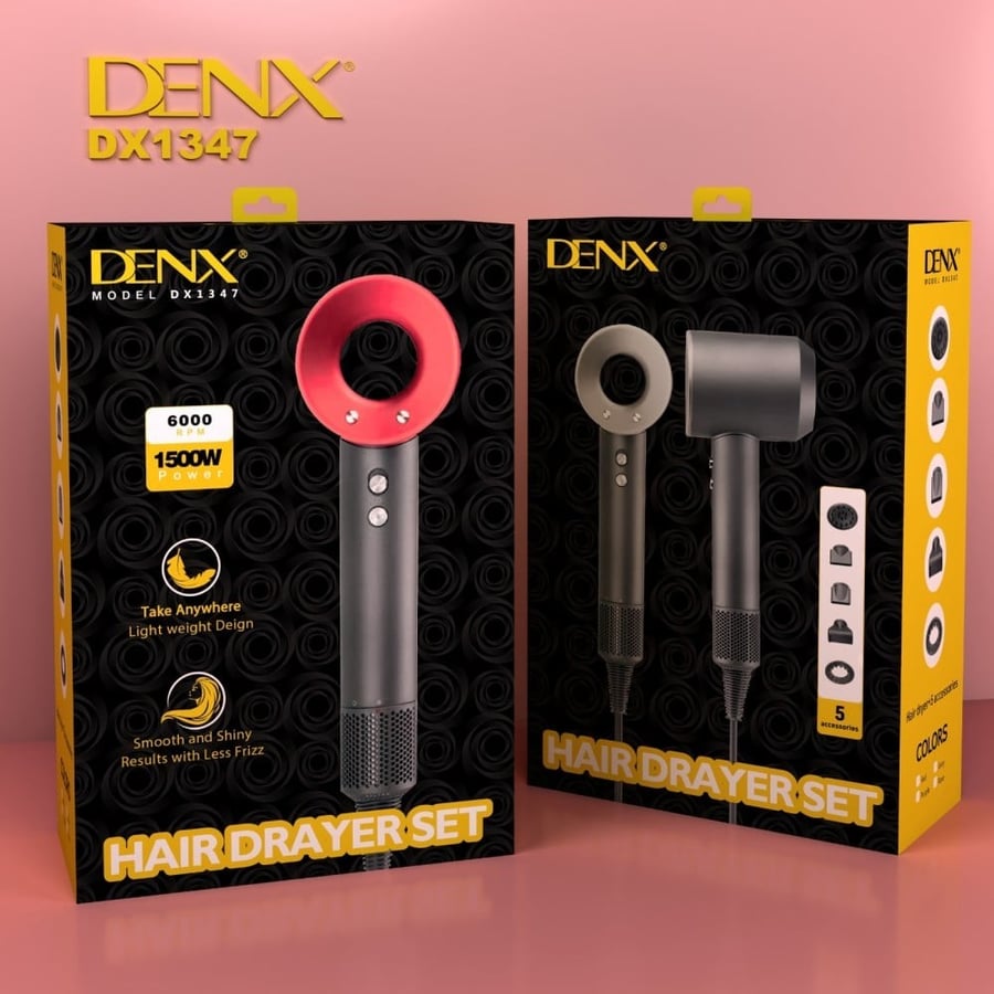 مجفف شعر ايوني عالي السرعة 6000 دورة بقوة 1500 واط و5 رؤوس مختلفة DX1347 من DENX