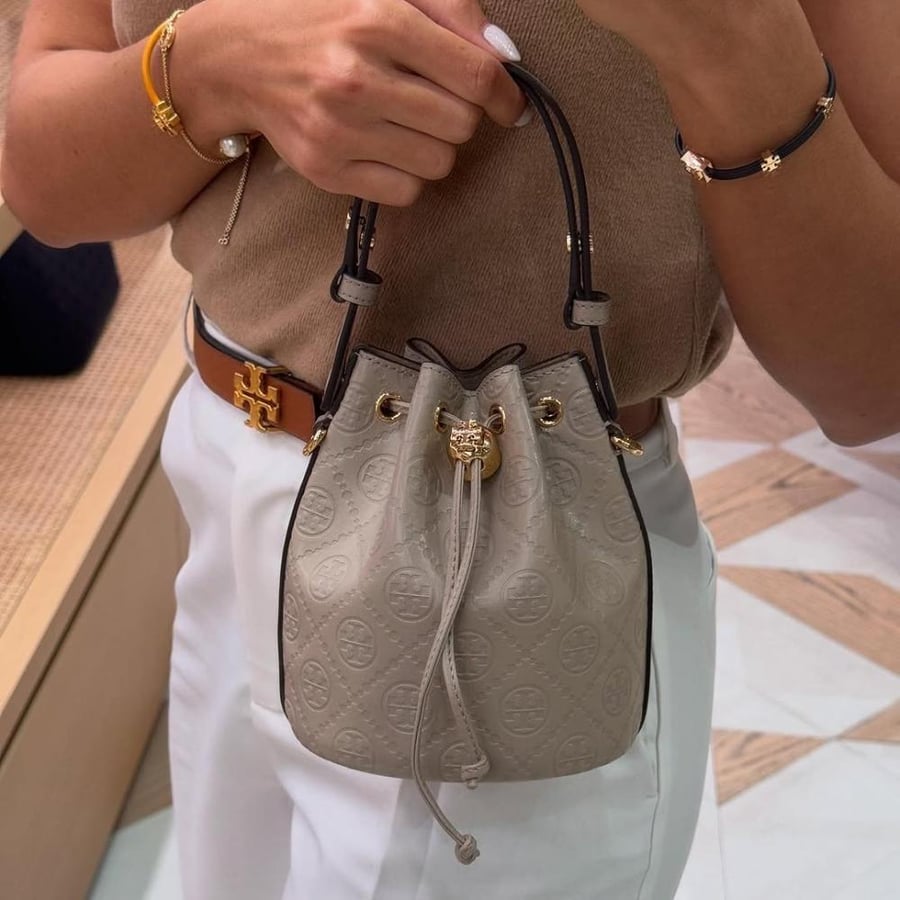 T MONOGRAM LEATHER MINI BUCKET BAG