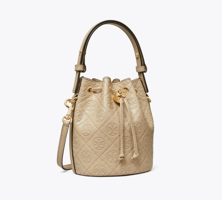 T MONOGRAM LEATHER MINI BUCKET BAG