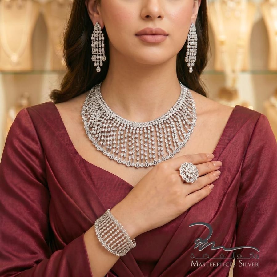 طقم مجوهرات فضة نسائي ملكي عيار 925 بتصميم ألماس فاخر - روائع الفضة