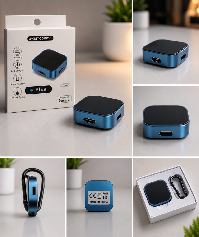 Portable Wireless Magnetic Charger For Apple Watch USB Type-C Blue شاحن مغناطيسي لاسلكي محمول لساعة أبل، منفذ USB من النوع C، أزرق