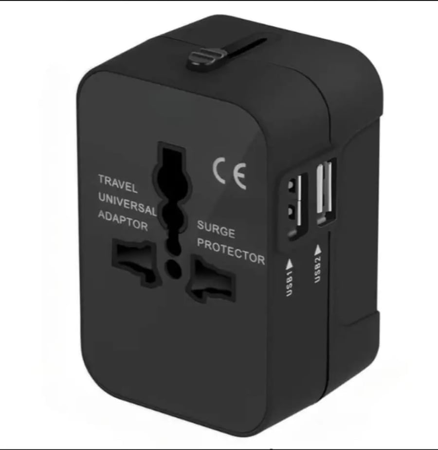 Black Dual USB Charger with 2 Ports, Travel Plug Adapter, Surge Protector, 110V-240V Compatible, European/American Standard Plug, Plug Powered, No Battery Required, شاحن USB مزدوج أسود بمنفذين، محول قابس سفر، واقي من زيادة التيار، متوافق مع 110 فولت - 240