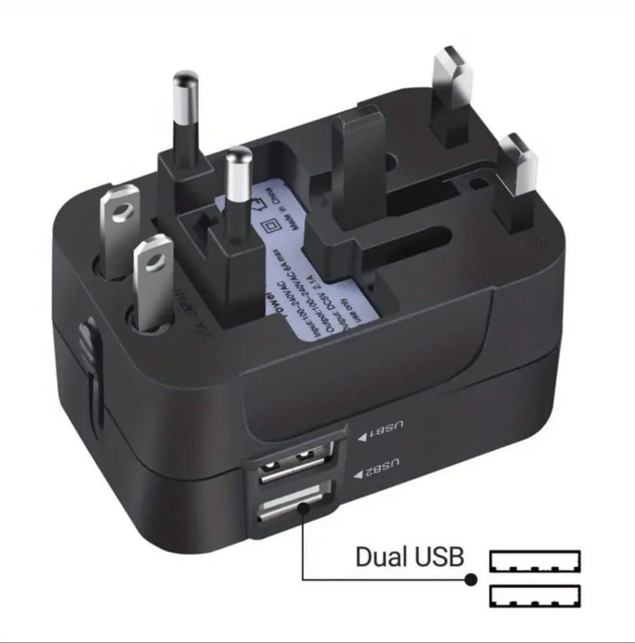 Black Dual USB Charger with 2 Ports, Travel Plug Adapter, Surge Protector, 110V-240V Compatible, European/American Standard Plug, Plug Powered, No Battery Required, شاحن USB مزدوج أسود بمنفذين، محول قابس سفر، واقي من زيادة التيار، متوافق مع 110 فولت - 240