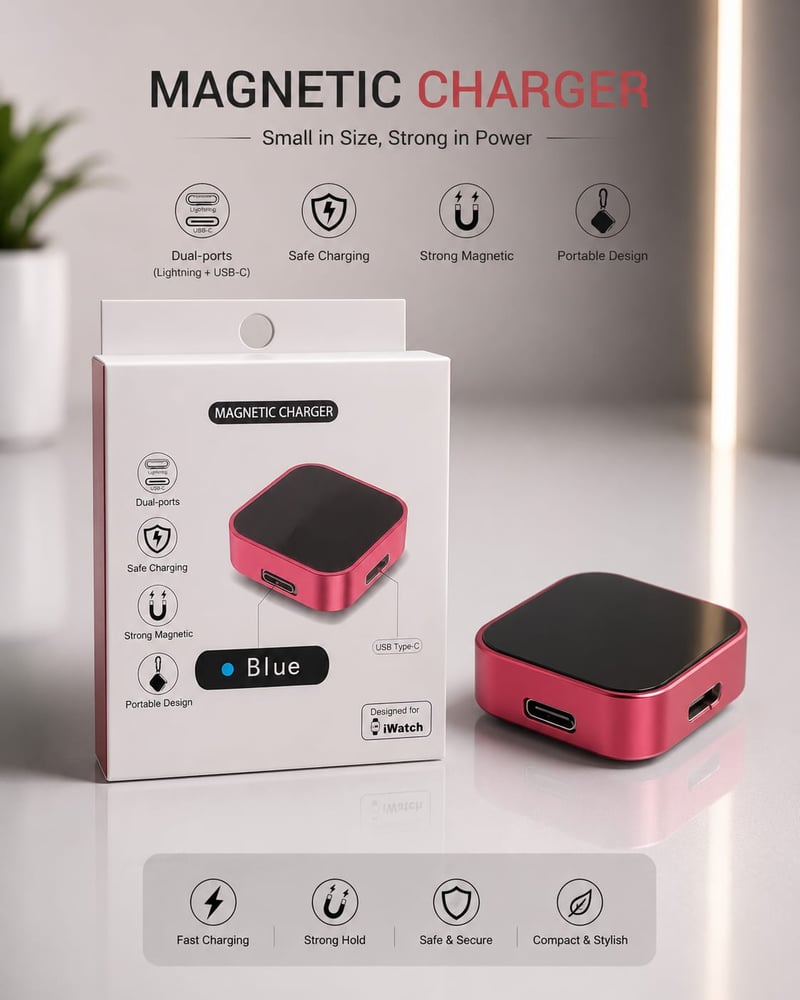 Portable Wireless Magnetic Charger For Apple Watch USB Type-C Blue شاحن مغناطيسي لاسلكي محمول لساعة أبل، منفذ USB من النوع C، أزرق