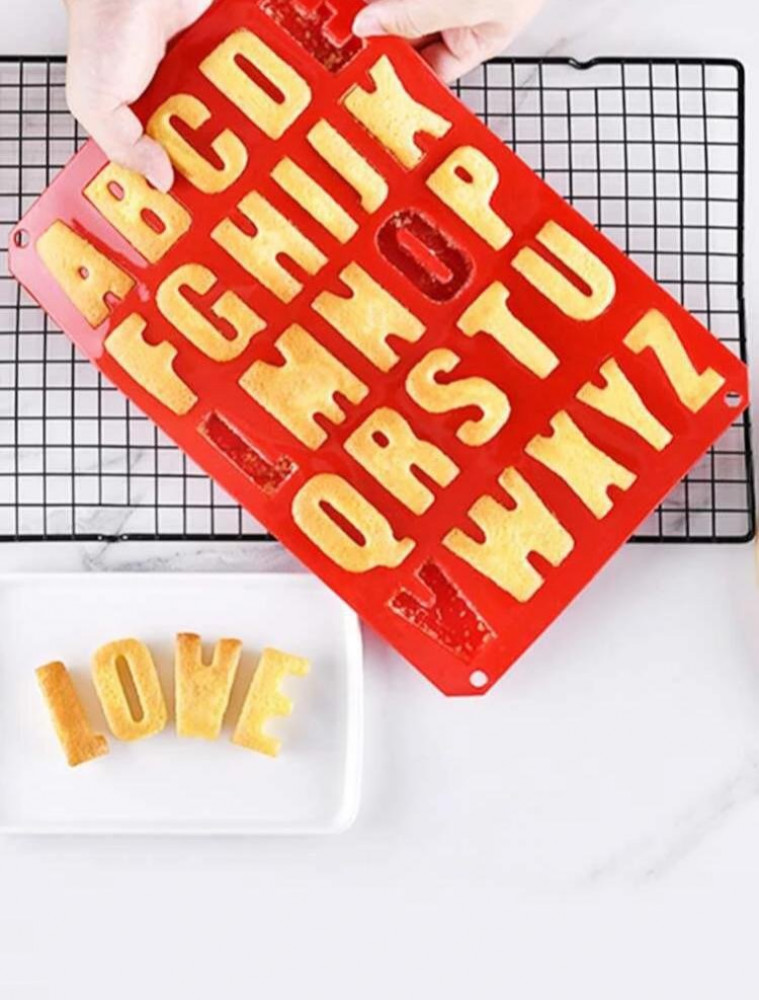 Silicone mold with large English letters size used for chocolate, bread, soap making, resin crafts, and hobbies (one piece, red color)