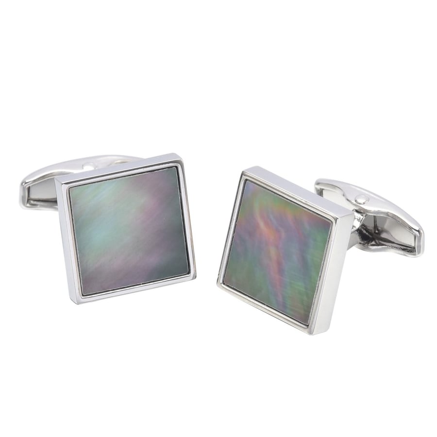 A square-shaped silver steel cup with a shell stone