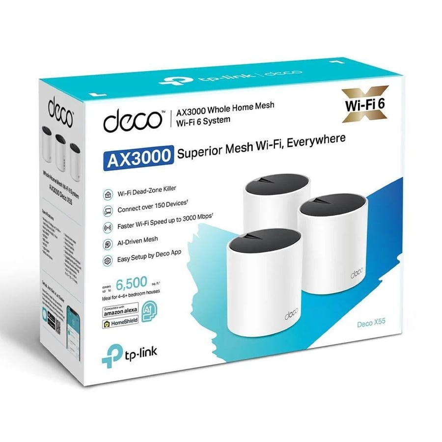 نظام شبكة واي فاي مش (Mesh) للمنزل بالكامل TP-Link Deco X55 (3 قطع) بتقنية Wi-Fi 6 وسرعة AX3000