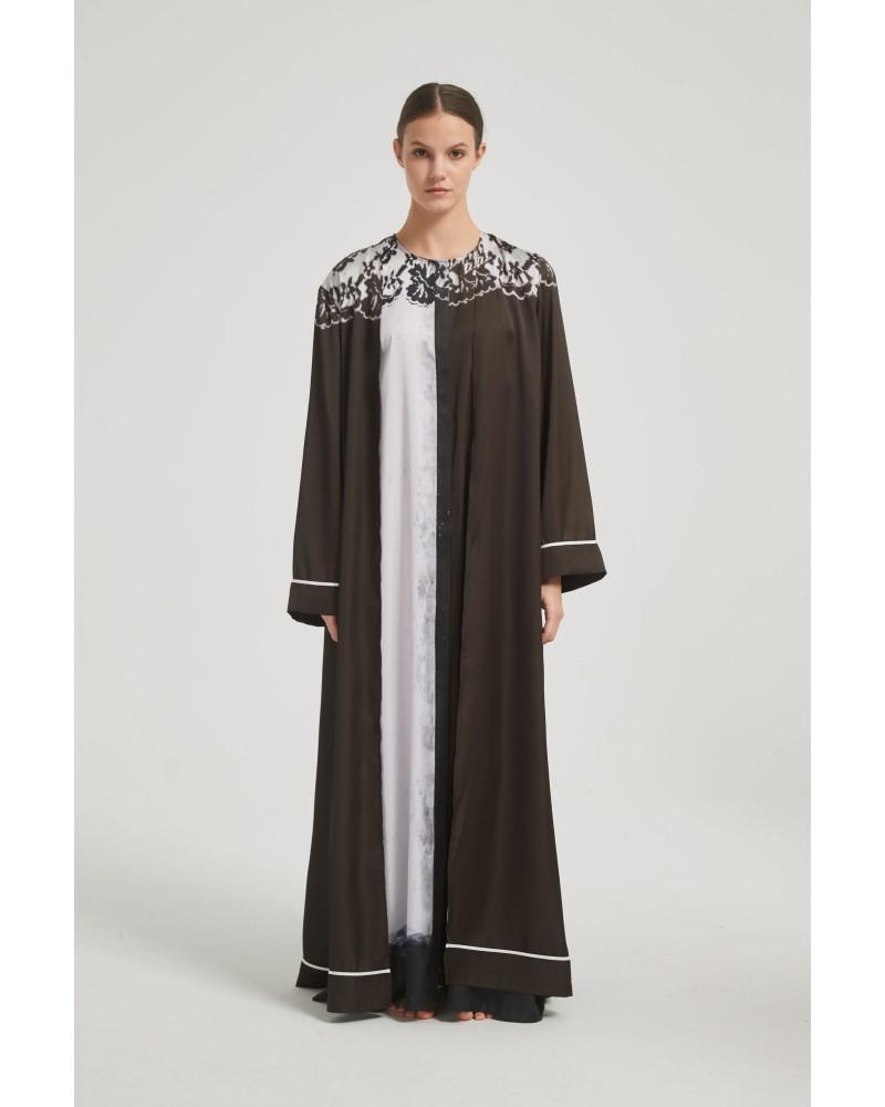 Laced Printed Abaya with Sleeveless Dress (Brown)
