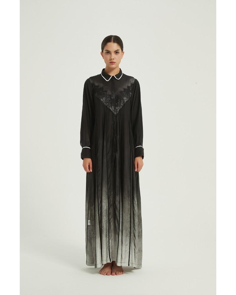 Grey and Black printed abaya with black lace on chest