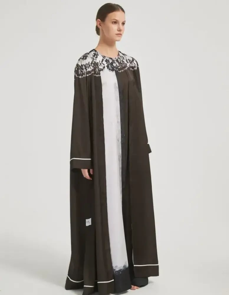 Laced Printed Abaya with Sleeveless Dress (Brown)