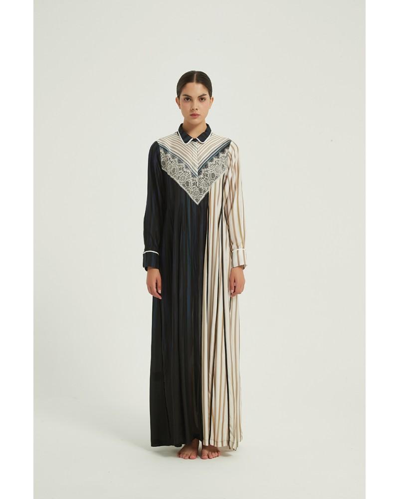 Striped abaya with lace on chest