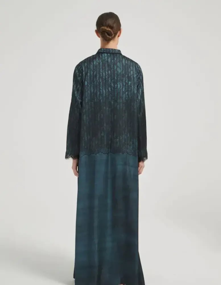 Turquoise Lace Trim Printed Abaya