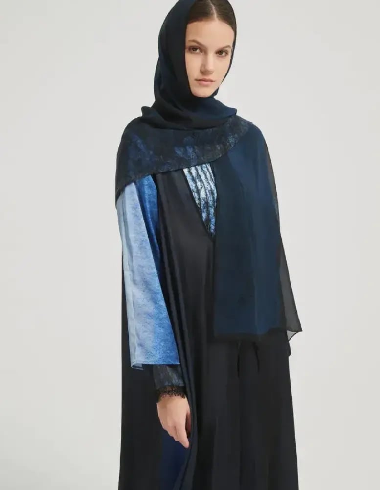 Navy Lace Trim Printed Abaya