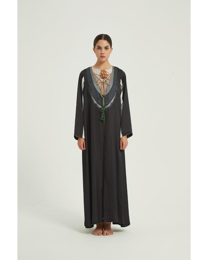Black abaya with crochet piping on chest