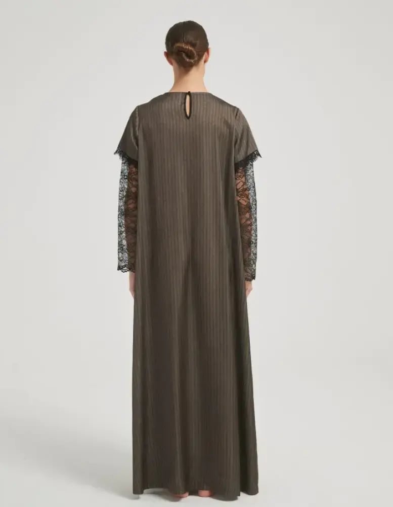 Striped Brown with Laced Dress Abaya