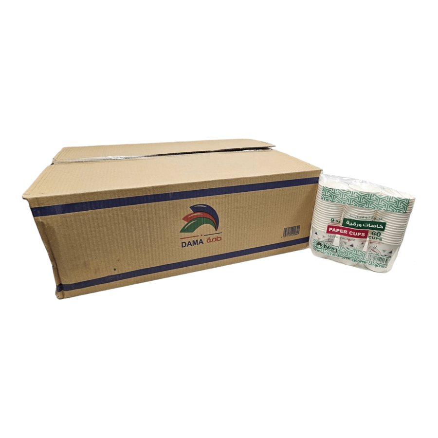 دامة | كاسات ورقية بدون بيد | شاي | 9 انز | 60 حبة | كرتون | 17 شدة DAMA | Paper Cups Without Handle | Tea | 9 Oz | 60 pcs | Carton | 17 Packs