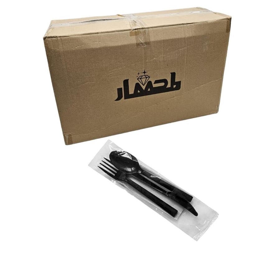 مجموعة طعام | اسود | شوكة + ملعقة + سكين + منديل | 4 قطعة | كرتون | 500 حبة
