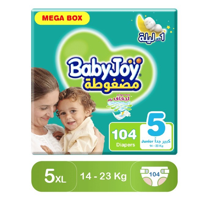 بيبي جوي | حفاضات اطفال | مقاس 5 | 104 قطعة | حشوة ماسية مضغوطة | 14-23 كجم BabyJoy | Baby Diapers | 5/104 | Compressed Diamond Pad | 14-23Kg