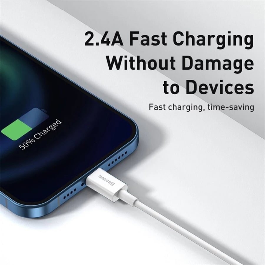 بيسوس | سلك شاحن ايفون 2 متر ابيض Baseus | Superior iPhone Lightning to USB Cable 2.4A CALYS-02 2M