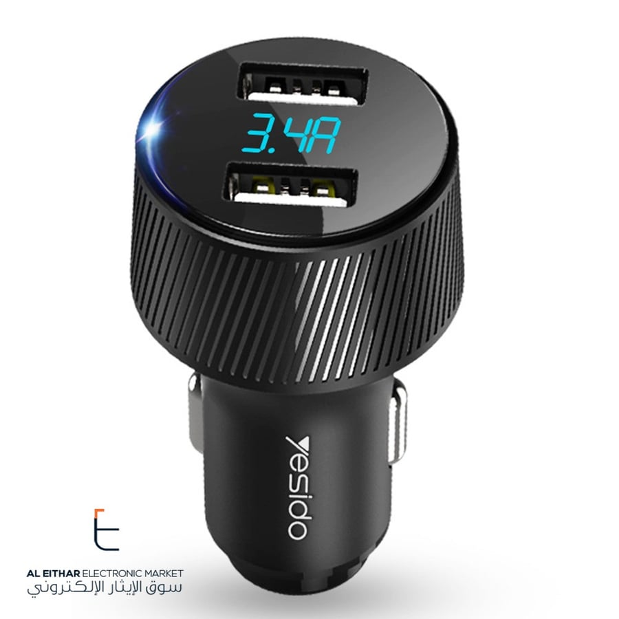 يس ايدو | شاحن سيارة مزدوج من خليط الالمنيوم مع فولتميتر YESIDO | Dual Car Charger 2.4A Y31