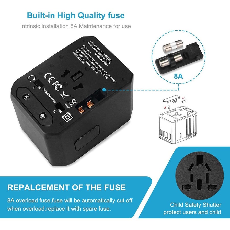 روسدن | محول طاقة عالمي للسفر 4 مداخل يو اس بي ذكية و تايب سي Rosdn | Universal Travel Adapter Wall Charger 5.6A Smart and 3.0A USB-C