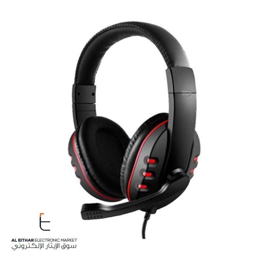 سماعة العاب راس سلكية مع ميكروفون اضواء ملونة اسود احمر KR Wired Gaming Headphone With Mic RGB Light KR-GM101