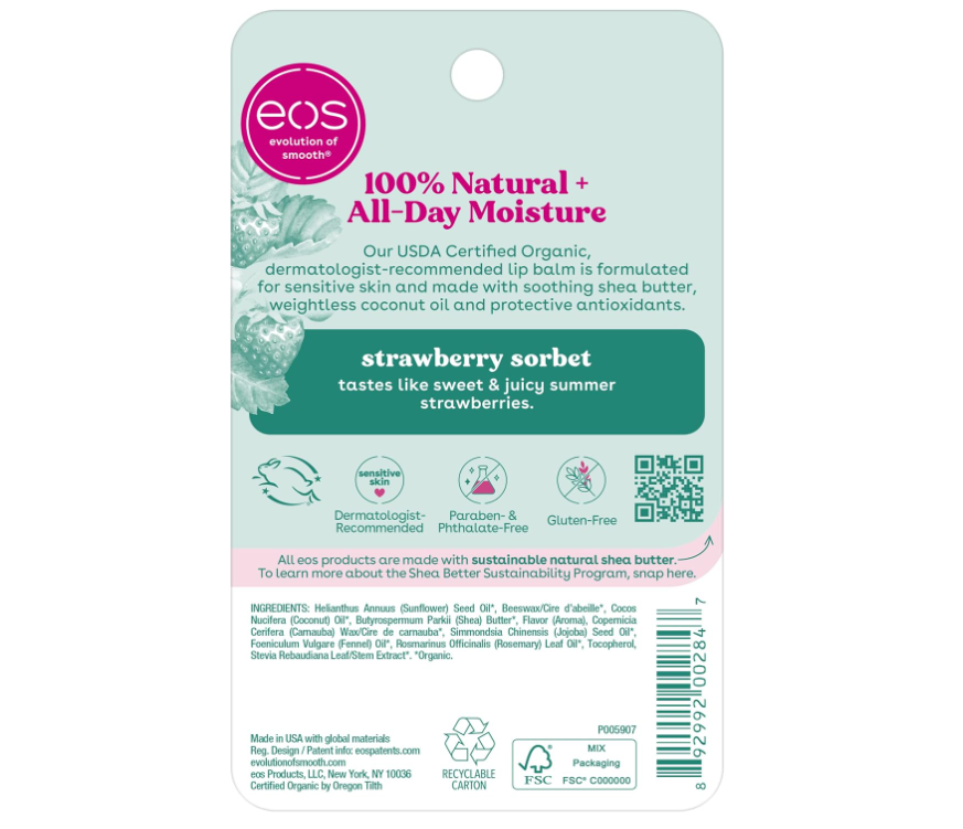 100% natural lip moisturizer from organic ingredients - Strawberry Sorbet | Eos Lip Balm - Strawberry Sorbet 0.25 oz