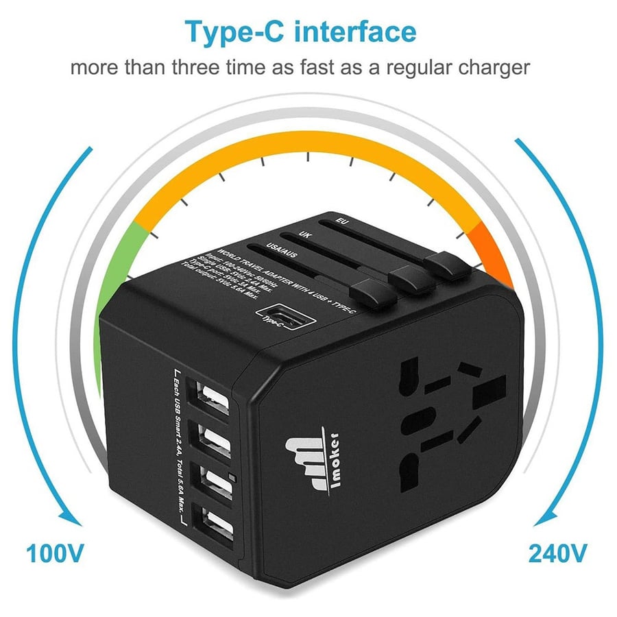 روسدن | محول طاقة عالمي للسفر 4 مداخل يو اس بي ذكية و تايب سي Rosdn | Universal Travel Adapter Wall Charger 5.6A Smart and 3.0A USB-C