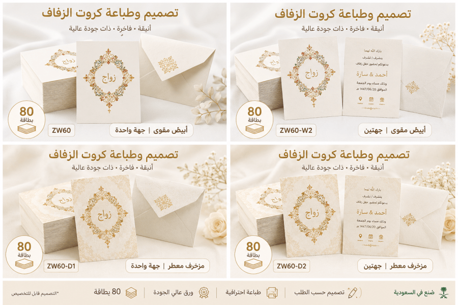طباعة 80 بطاقة دعوة زواج مستعجل | ورق مقوى مزخرف معطر | جهتين | ZW60-D2
