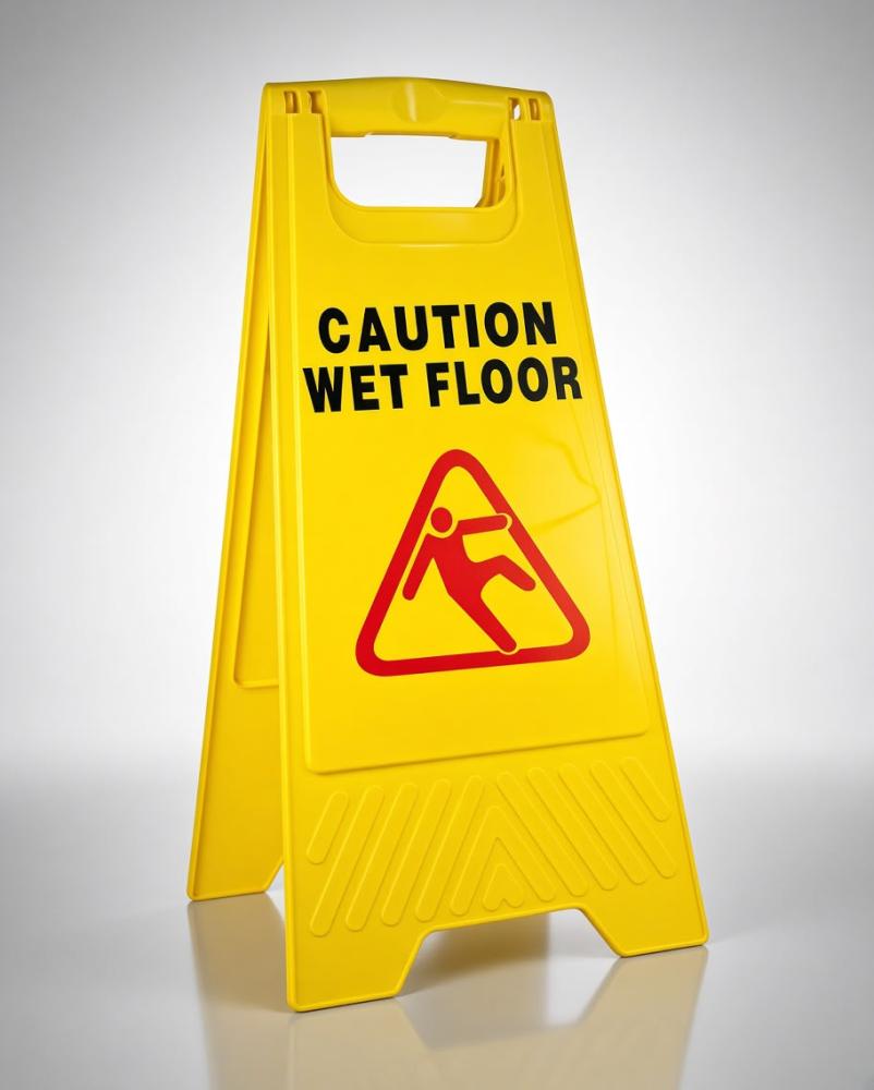 لوحة تحذير صفراء واضحة مكتوب عليها Caution Wet Floor مع إشارة الانزلاق، مصممة لتنبيه المارة أثناء التنظيف أو عند وجود أرضية رطبة