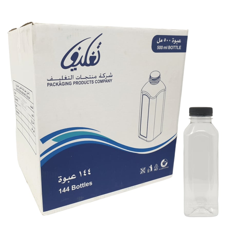 تغليف | قارورة عصير مربع مع غطاء | شفاف | 500 مل | كرتون | 144 حبة | PPC500-144