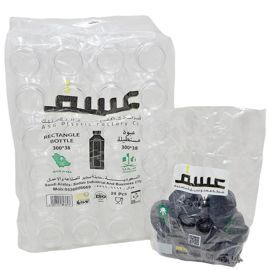 عسق | عبوة قارورة عصير مستطيلة | شفاف | مع غطاء اسود | 300 مل | كرتون | 360 حبة | ASG300-360